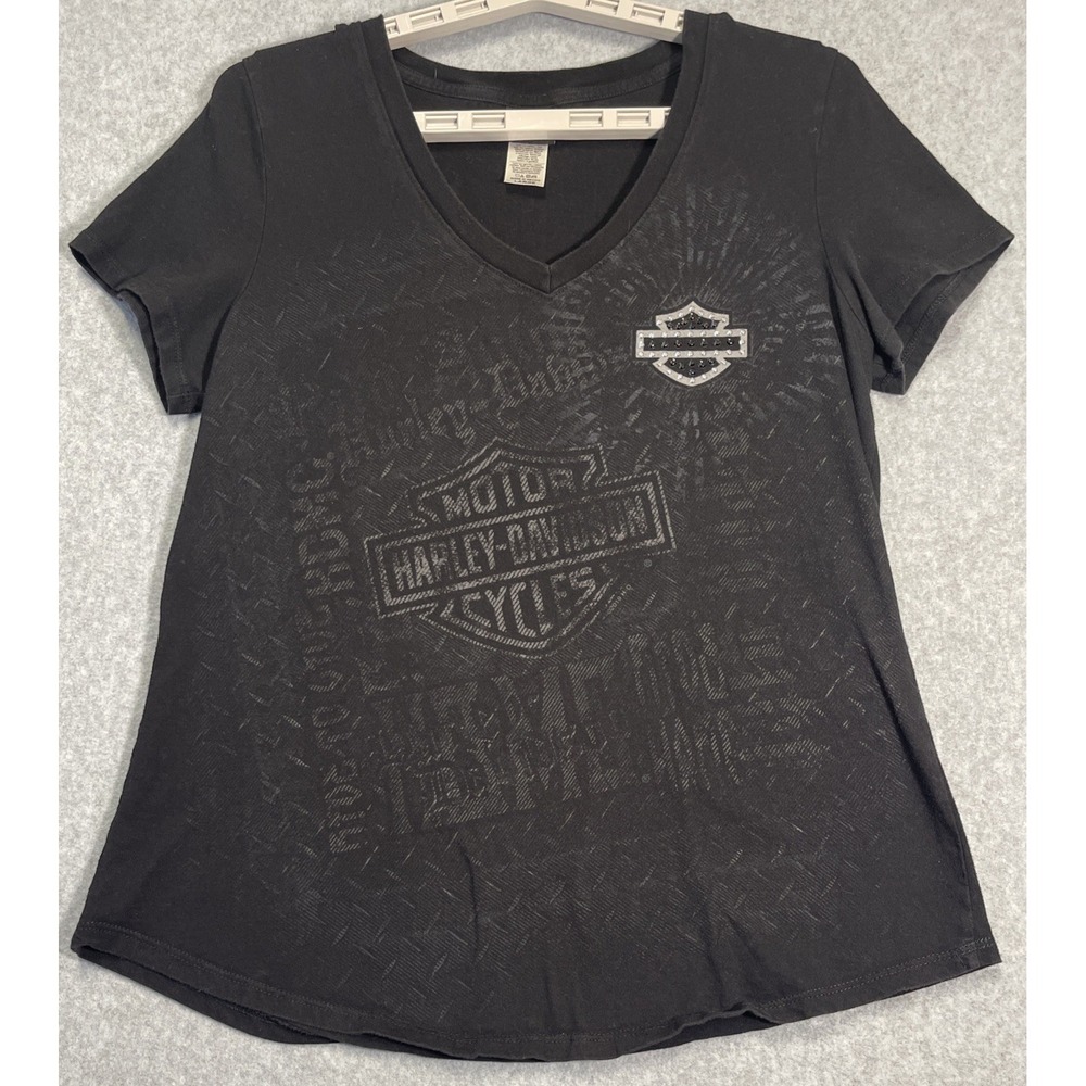 Harley Davison Women's Black V Neck Cap Sleeved T Shirt Sz Large